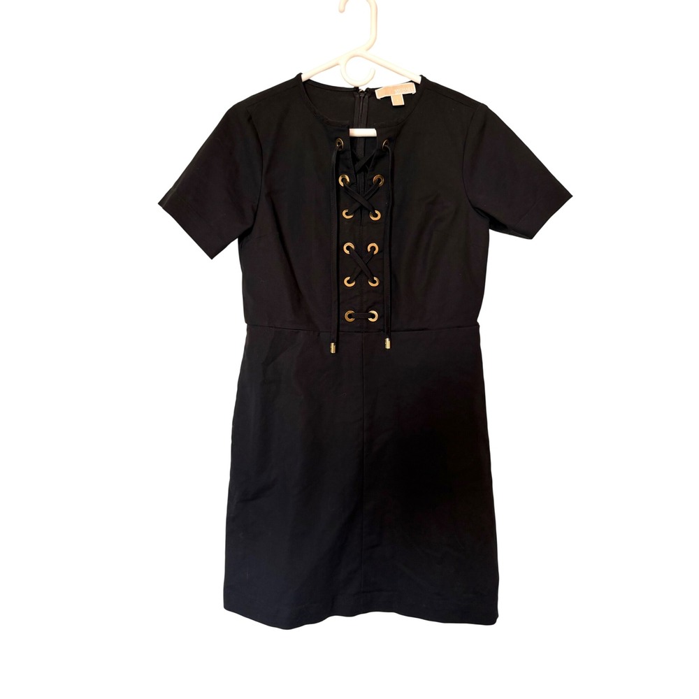 Michael Kors Lace Up Front Dress Black Cotton‎ Stretch Short Sleeve Aesthetic 4